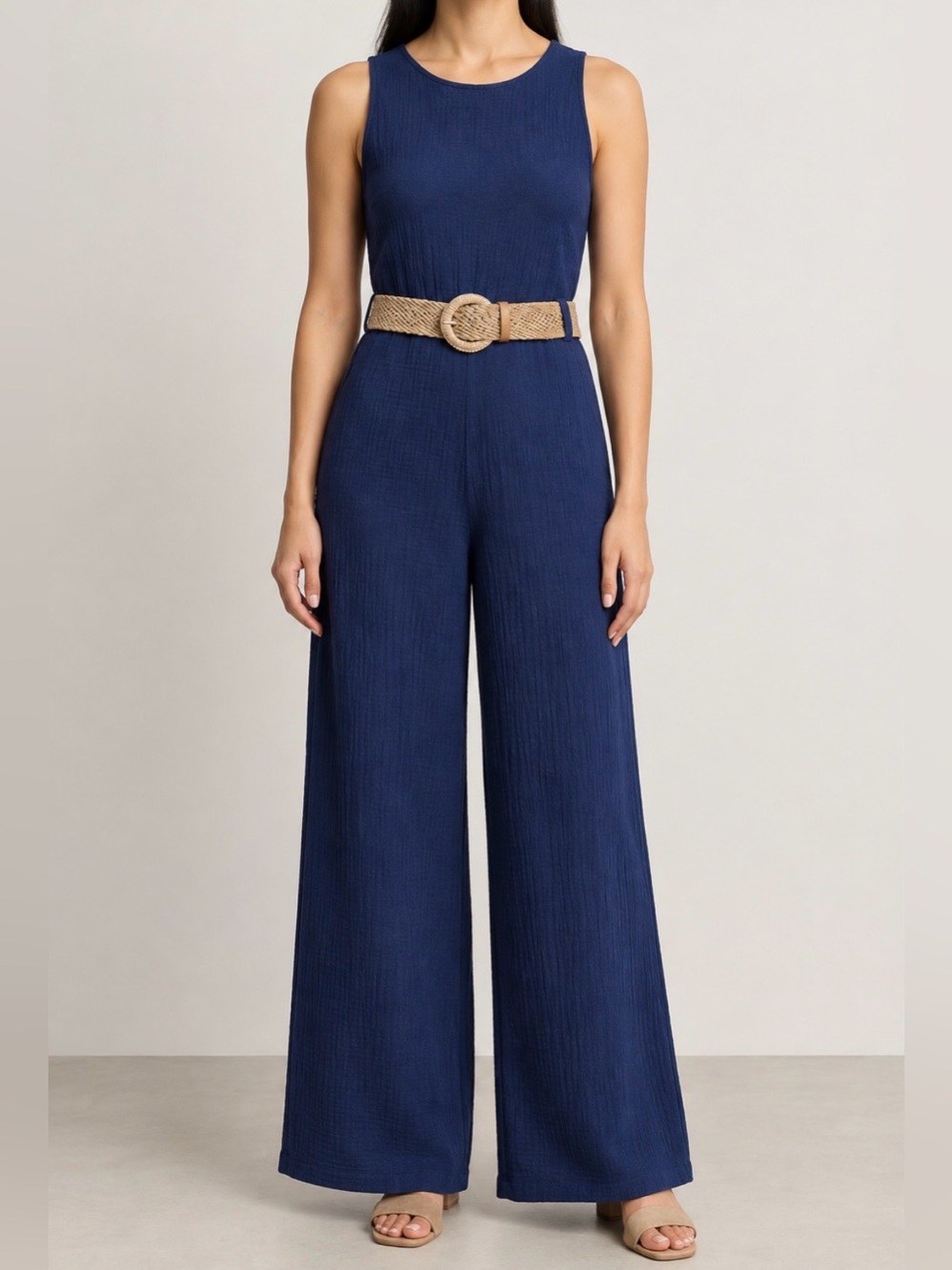 ❤️Mango Cotton Wide-Leg Jumpsuit with Tan Woven Belt